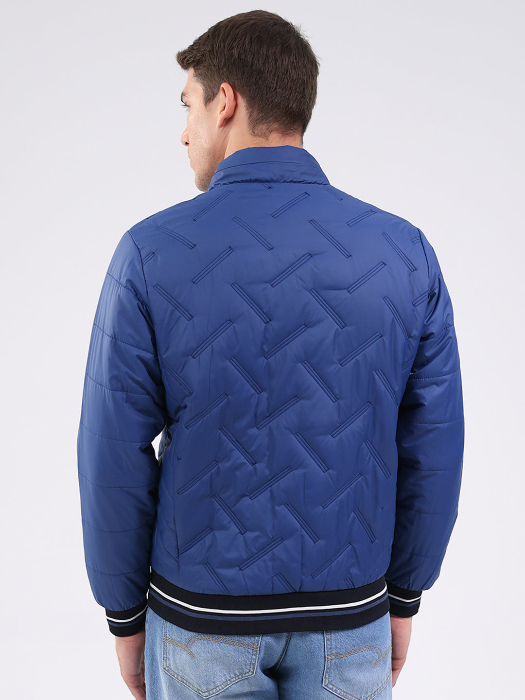 Men Blue Solid Mock Neck Full Sleeve Jacket