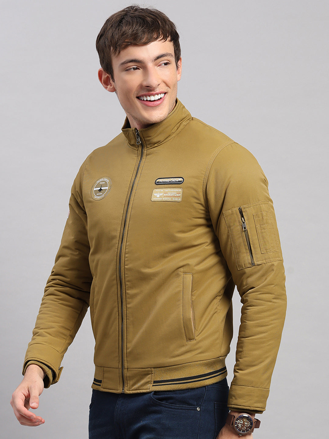 Men Mustard Solid Collar Full Sleeve Jacket