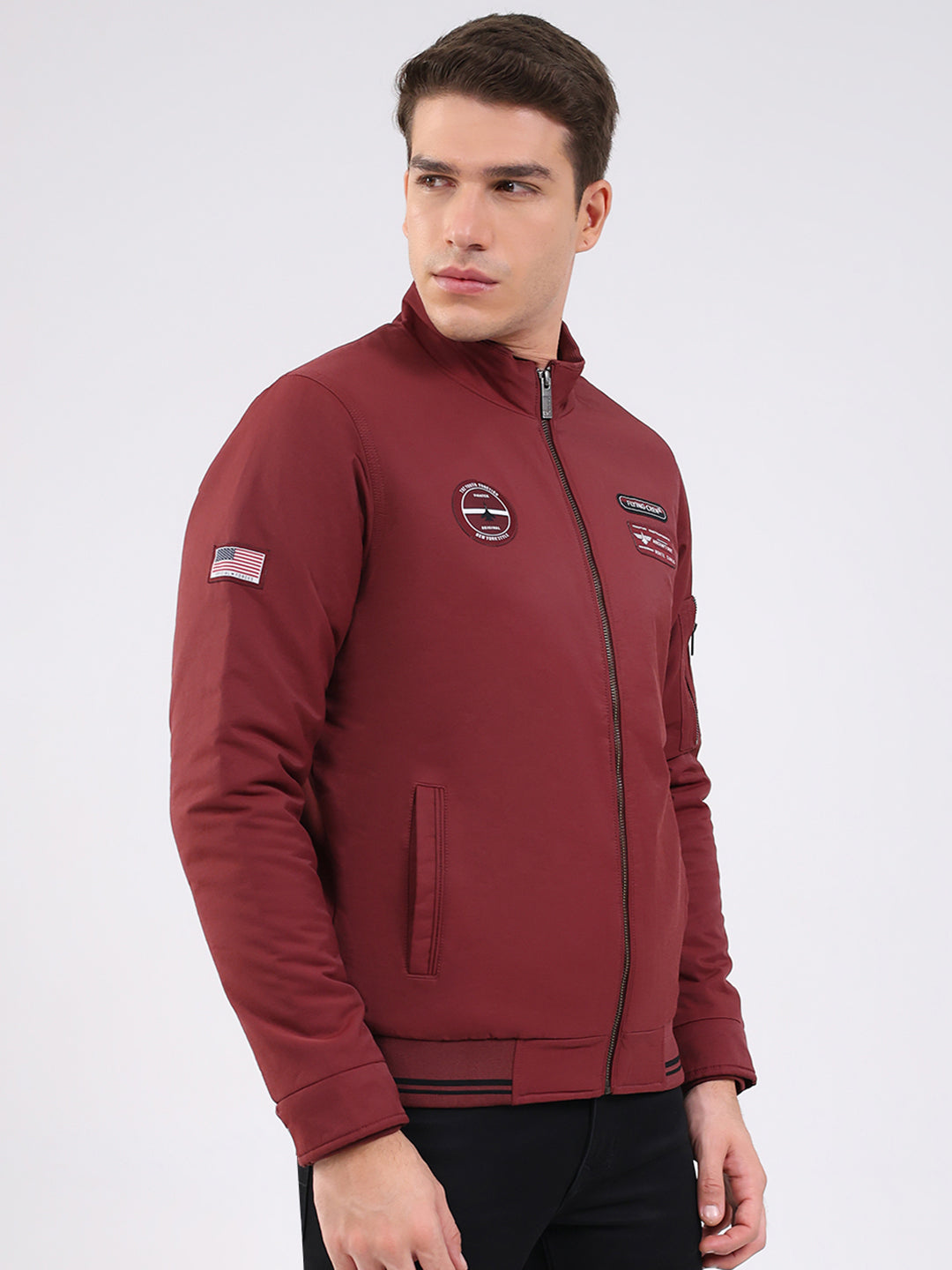 Men Maroon Solid Mock Neck Full Sleeve Jacket