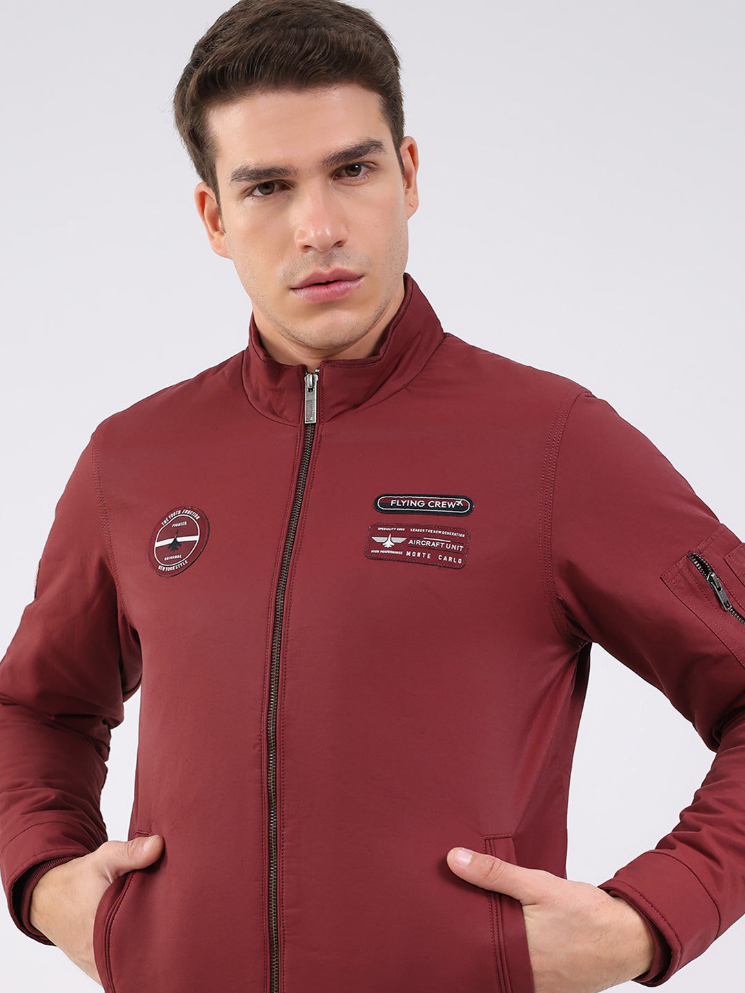 Men Maroon Solid Mock Neck Full Sleeve Jacket