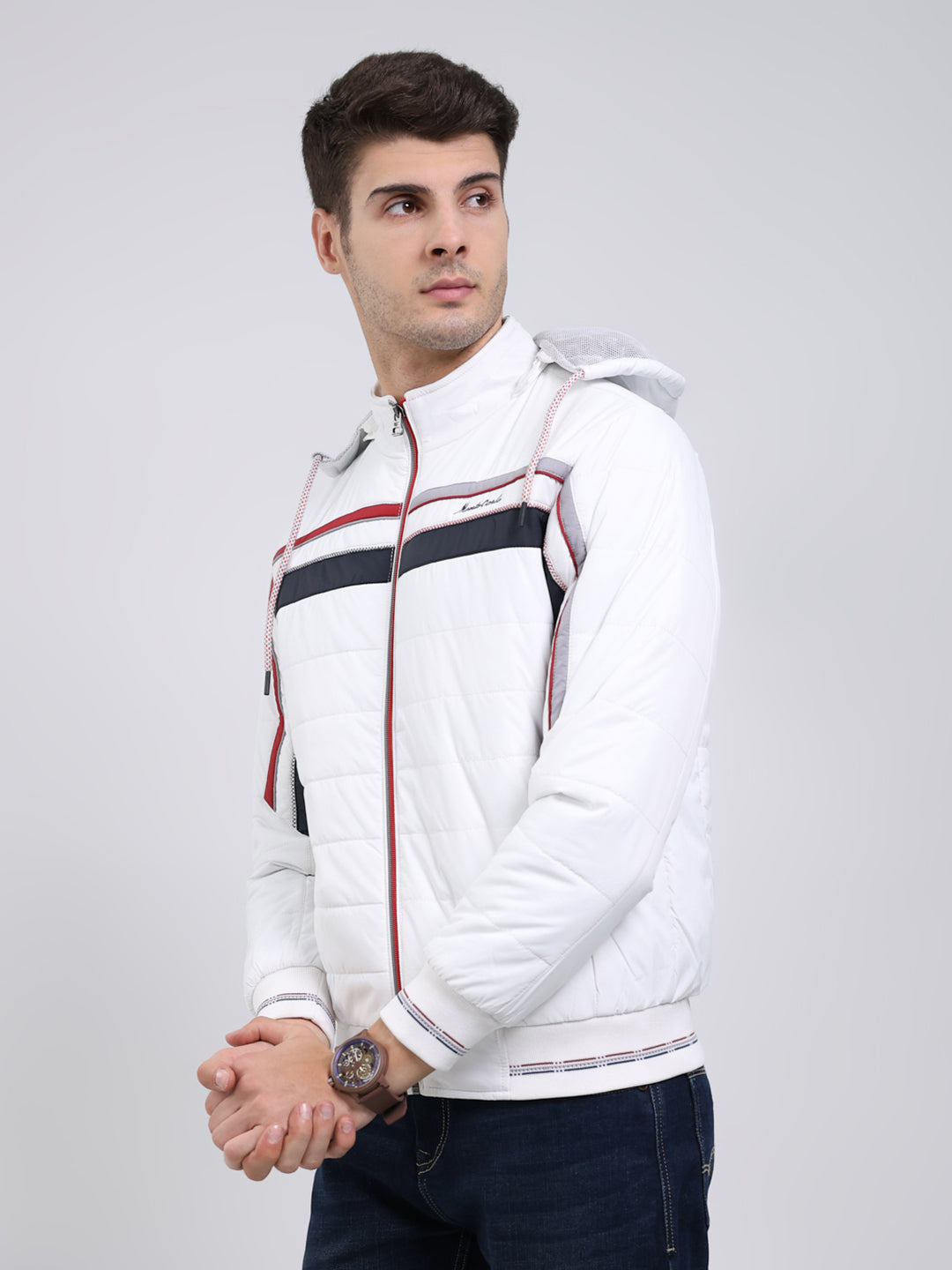 Men White Solid Hooded Full Sleeve Jacket