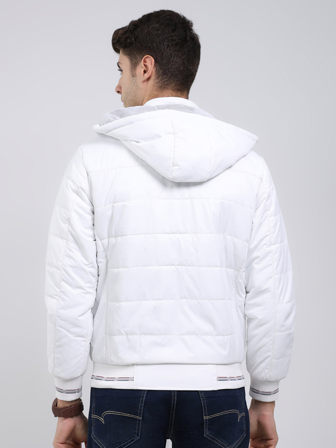 Men White Solid Hooded Full Sleeve Jacket