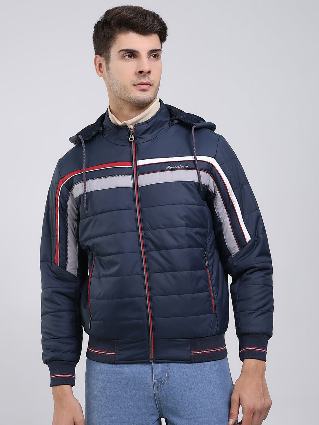 Men Navy Blue Solid Hooded Full Sleeve Jacket