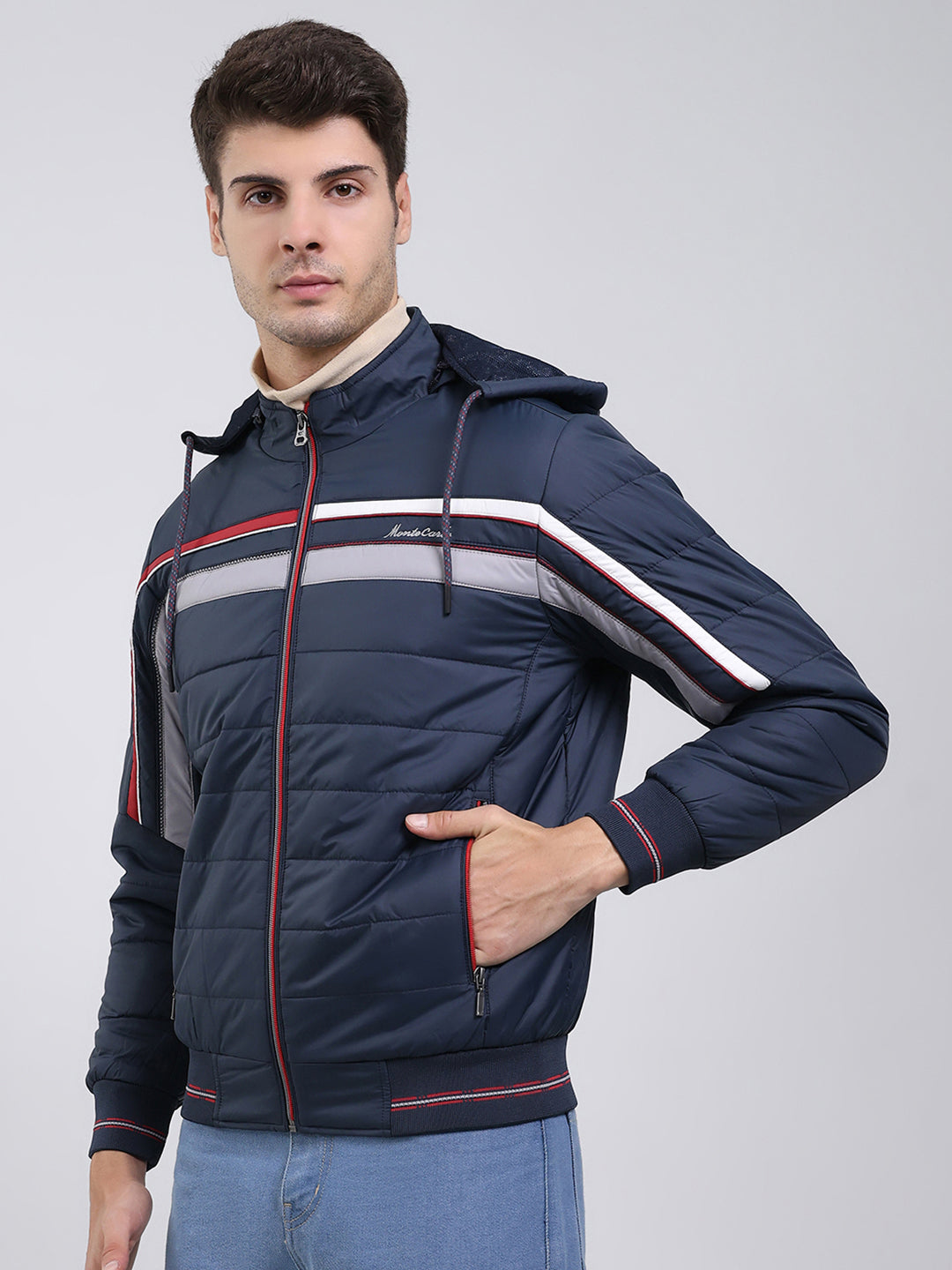 Men Navy Blue Solid Hooded Full Sleeve Jacket