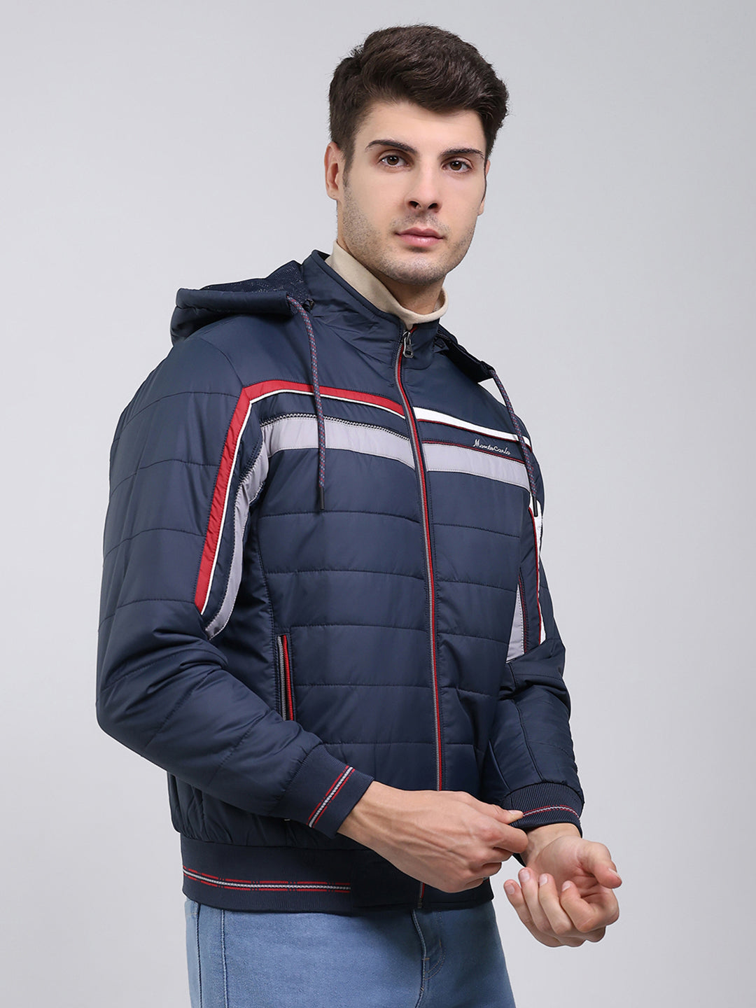 Men Navy Blue Solid Hooded Full Sleeve Jacket