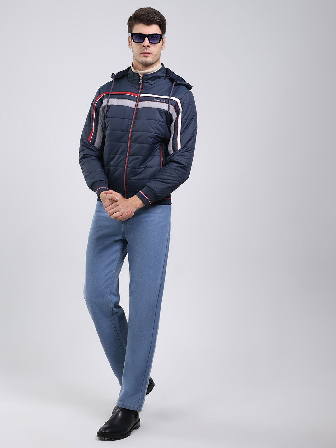 Men Navy Blue Solid Hooded Full Sleeve Jacket