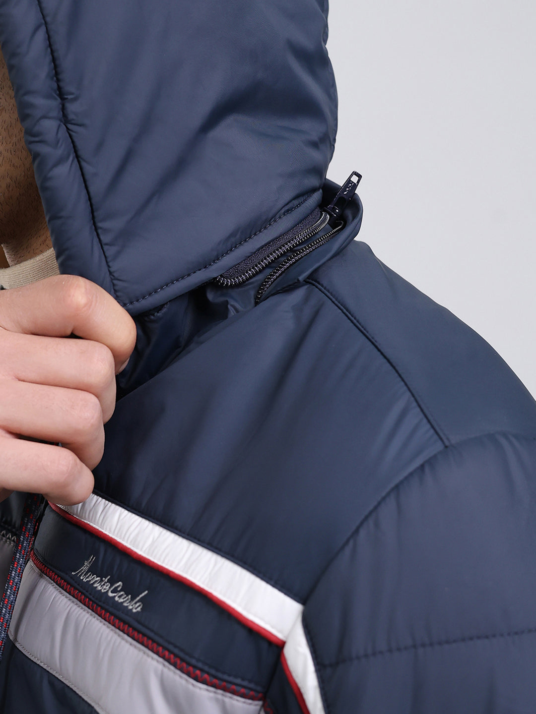 Men Navy Blue Solid Hooded Full Sleeve Jacket