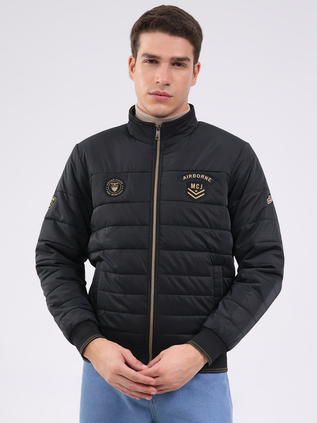 Men Black Solid Mock Neck Full Sleeve Jacket