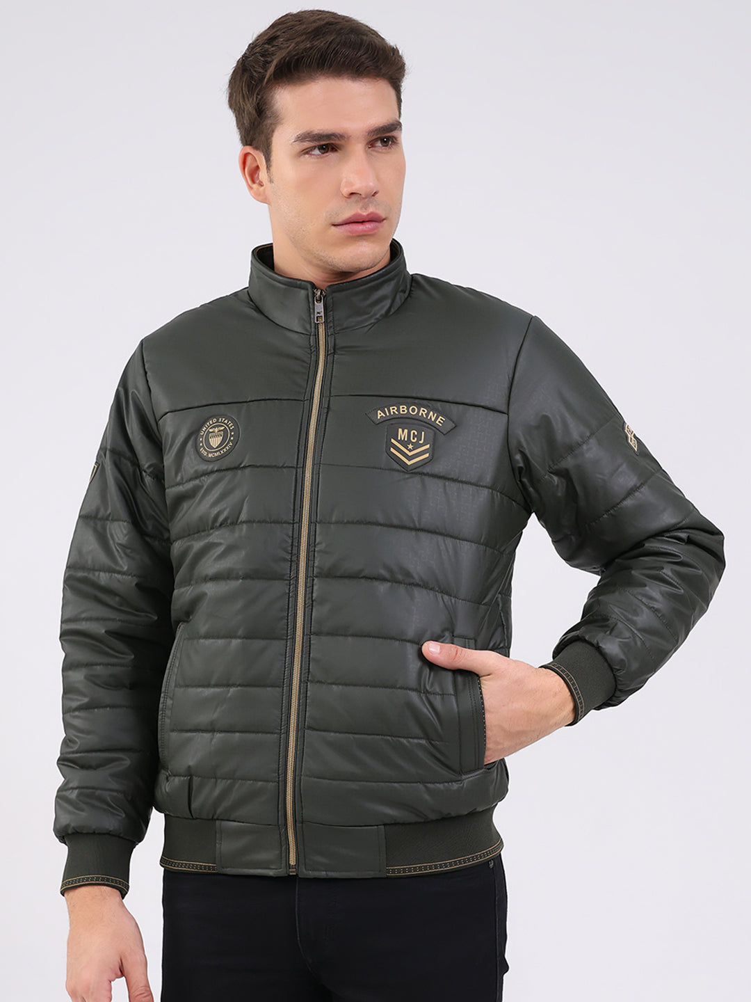 Men Olive Solid Mock Neck Full Sleeve Jacket