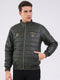 Men Olive Solid Mock Neck Full Sleeve Jacket