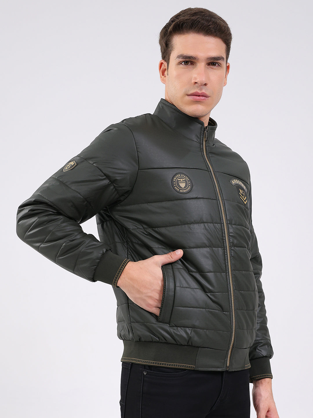 Men Olive Solid Mock Neck Full Sleeve Jacket