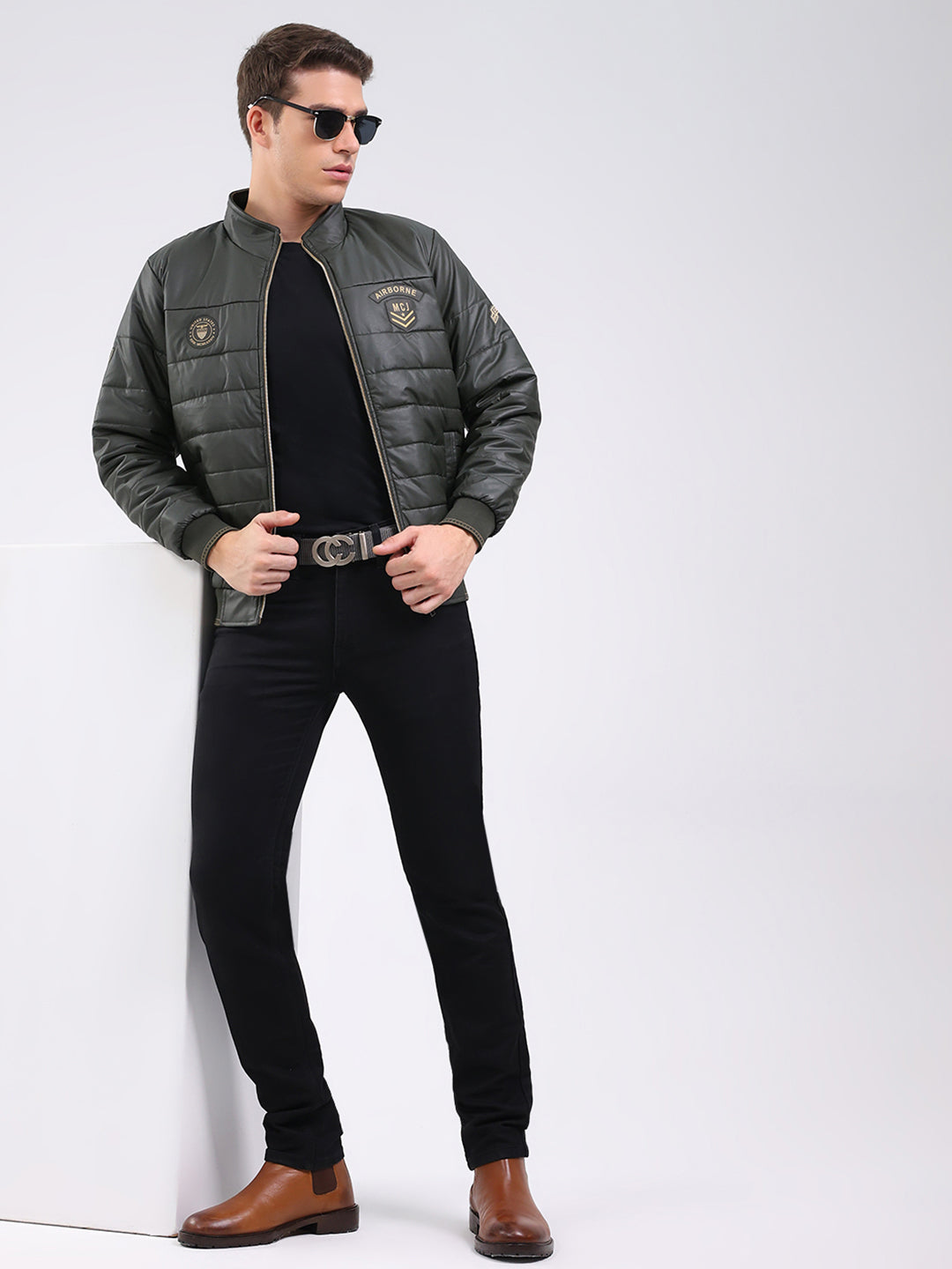 Men Olive Solid Mock Neck Full Sleeve Jacket