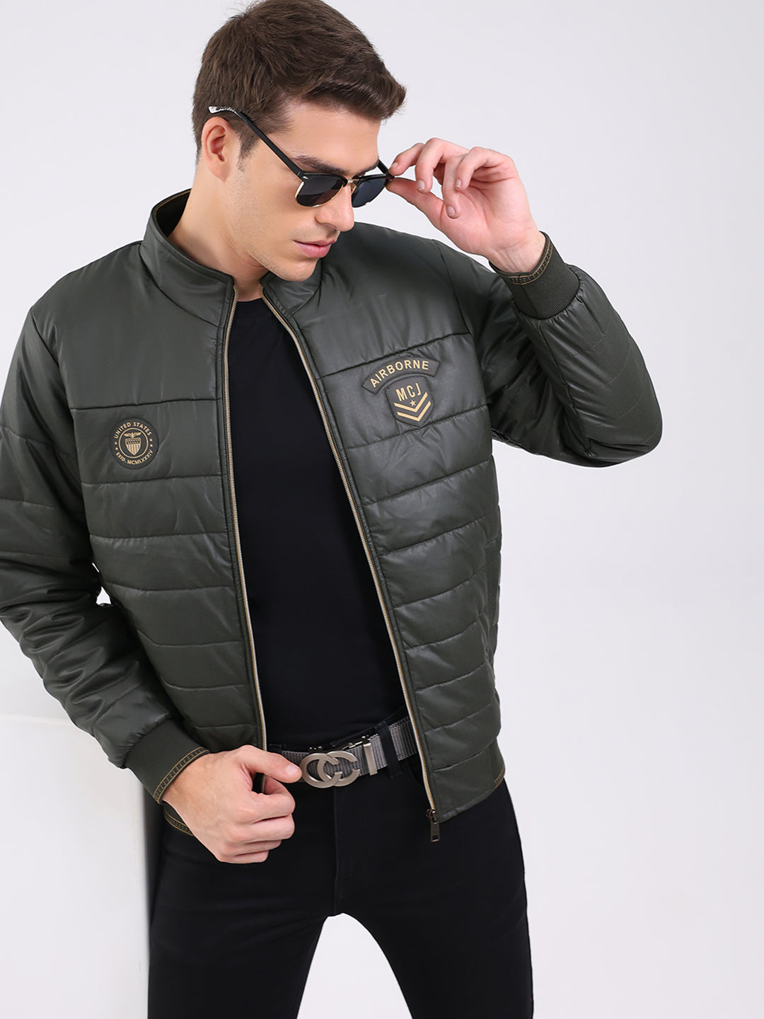 Men Olive Solid Mock Neck Full Sleeve Jacket