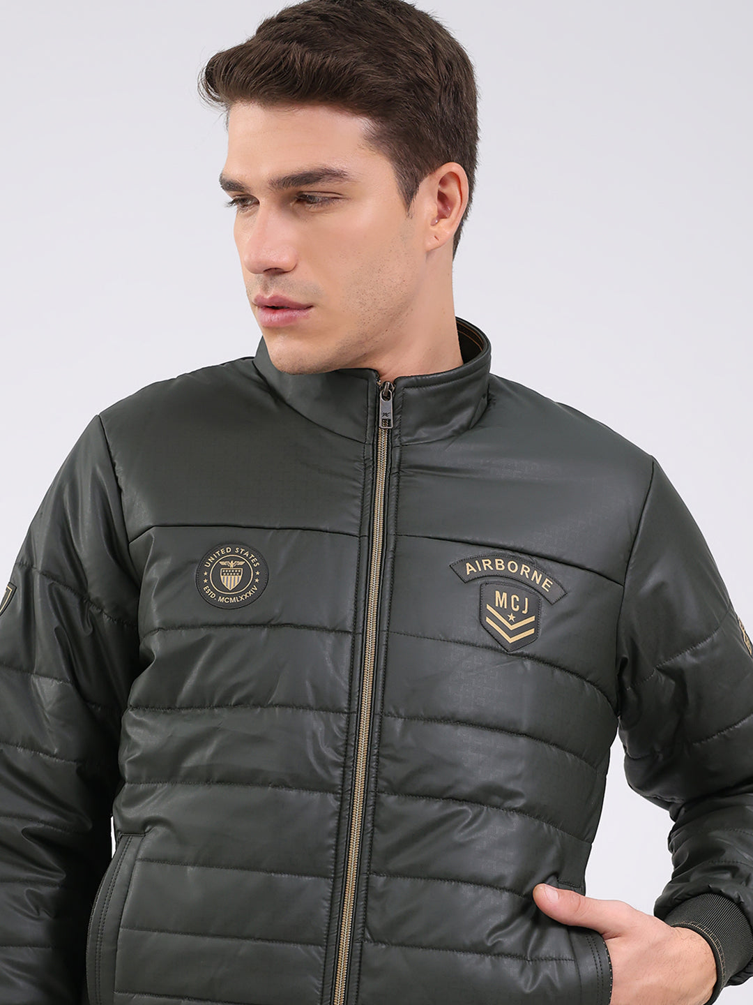 Men Olive Solid Mock Neck Full Sleeve Jacket