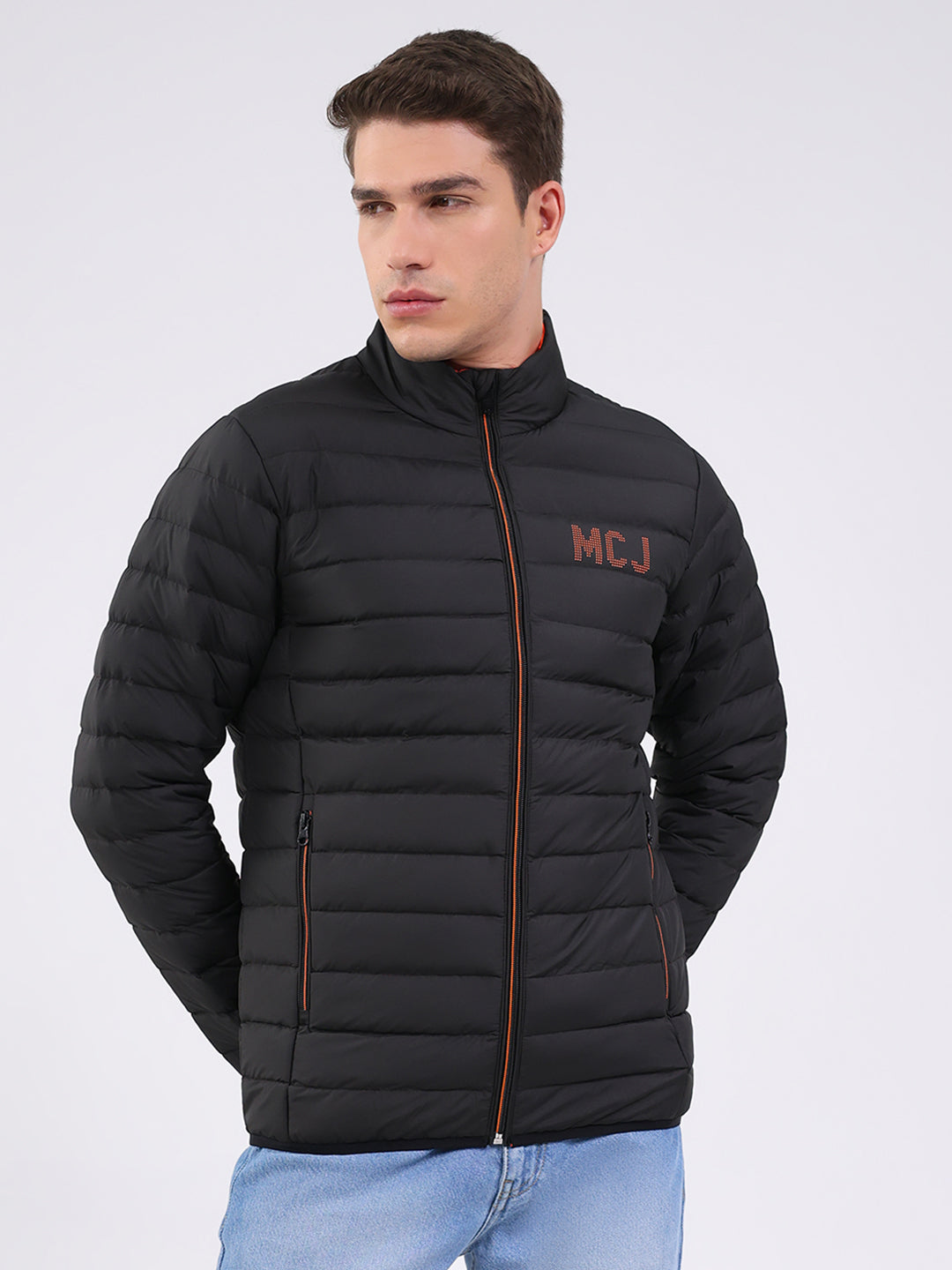 Men Black Solid Mock Neck Full Sleeve Jacket