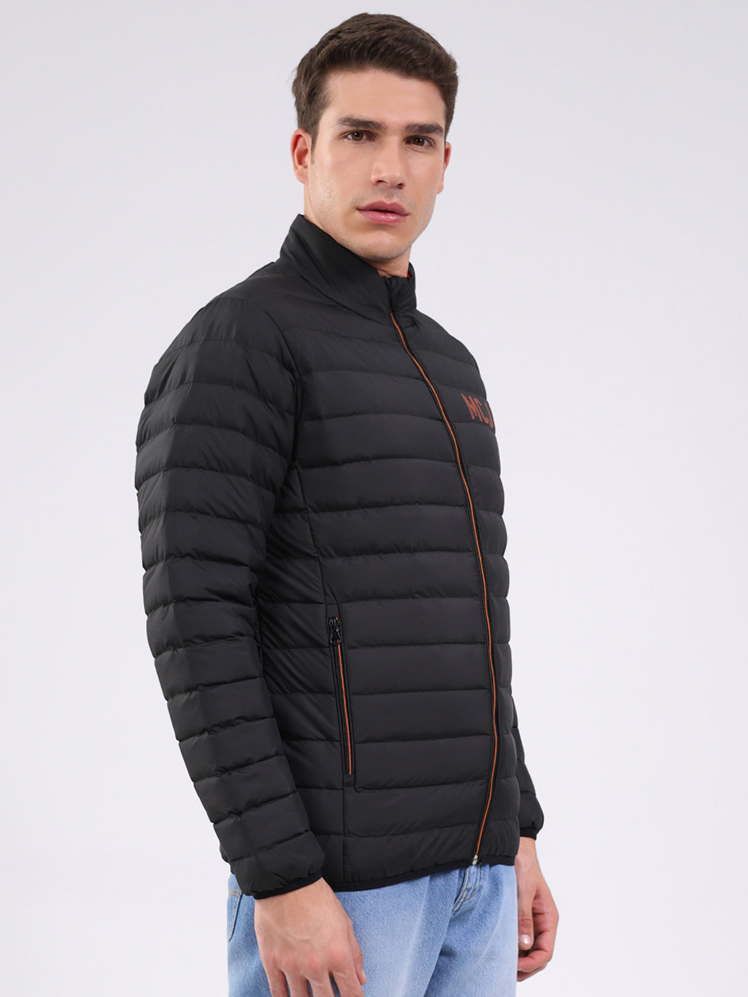Men Black Solid Mock Neck Full Sleeve Jacket