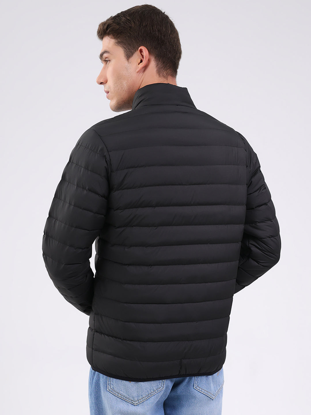 Men Black Solid Mock Neck Full Sleeve Jacket