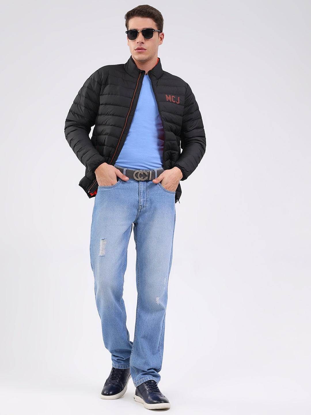 Men Black Solid Mock Neck Full Sleeve Jacket