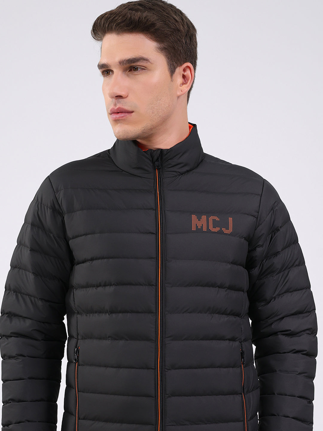 Men Black Solid Mock Neck Full Sleeve Jacket