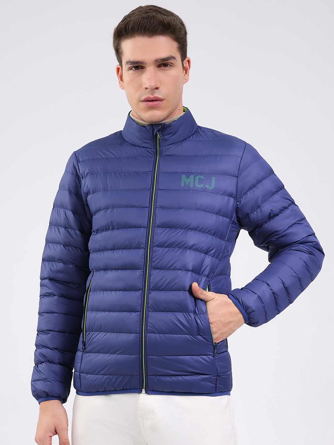 Men Blue Solid Mock Neck Full Sleeve Jacket
