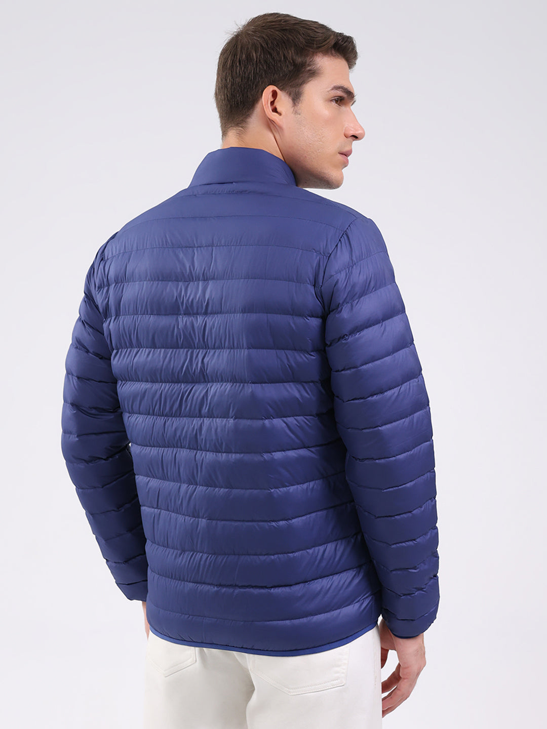 Men Blue Solid Mock Neck Full Sleeve Jacket