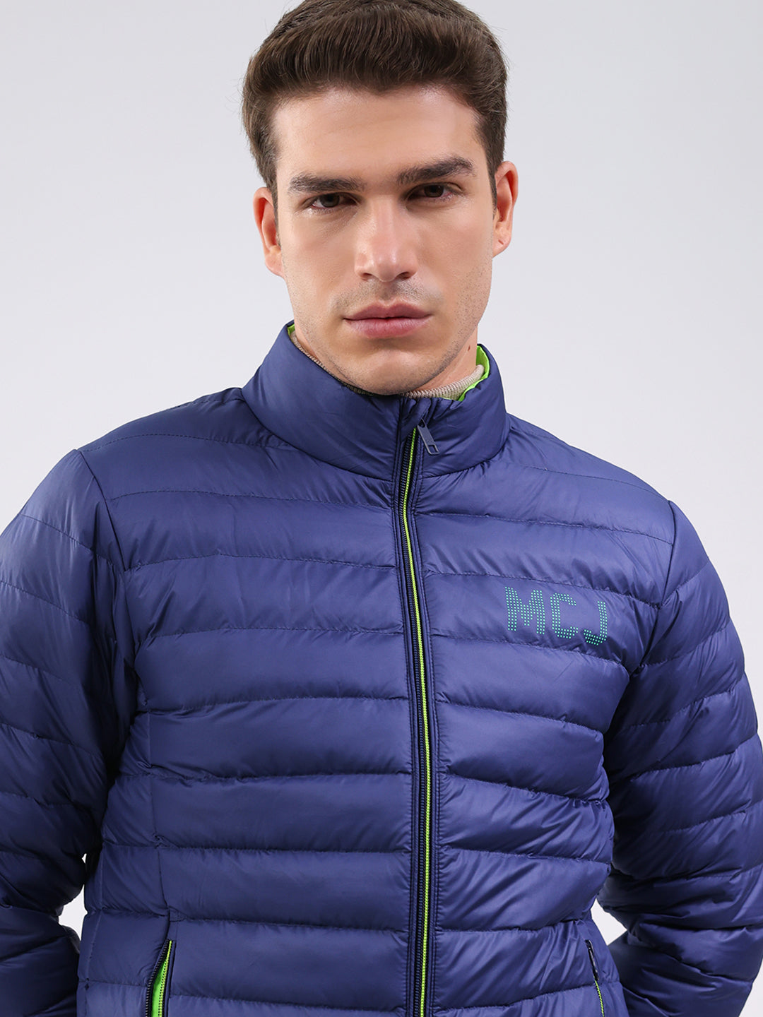 Men Blue Solid Mock Neck Full Sleeve Jacket