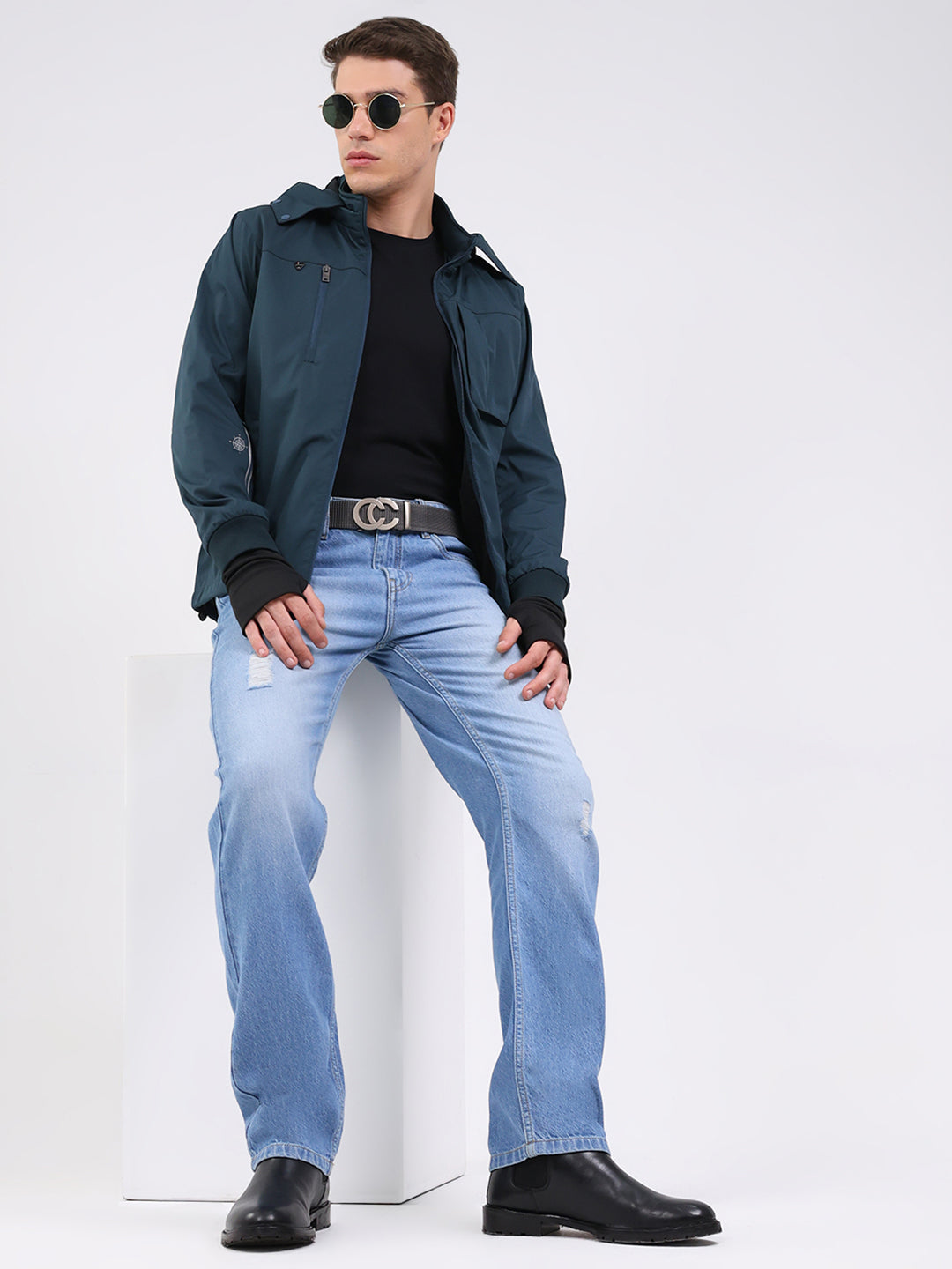 Men Teal Blue Solid Hooded Full Sleeve Jacket