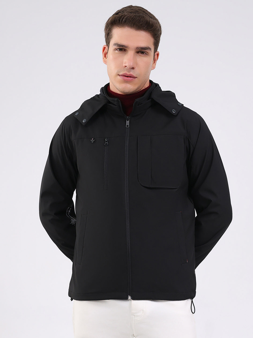 Men Black Solid Hooded Full Sleeve Jacket