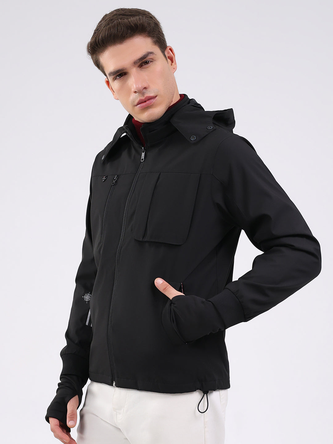 Men Black Solid Hooded Full Sleeve Jacket