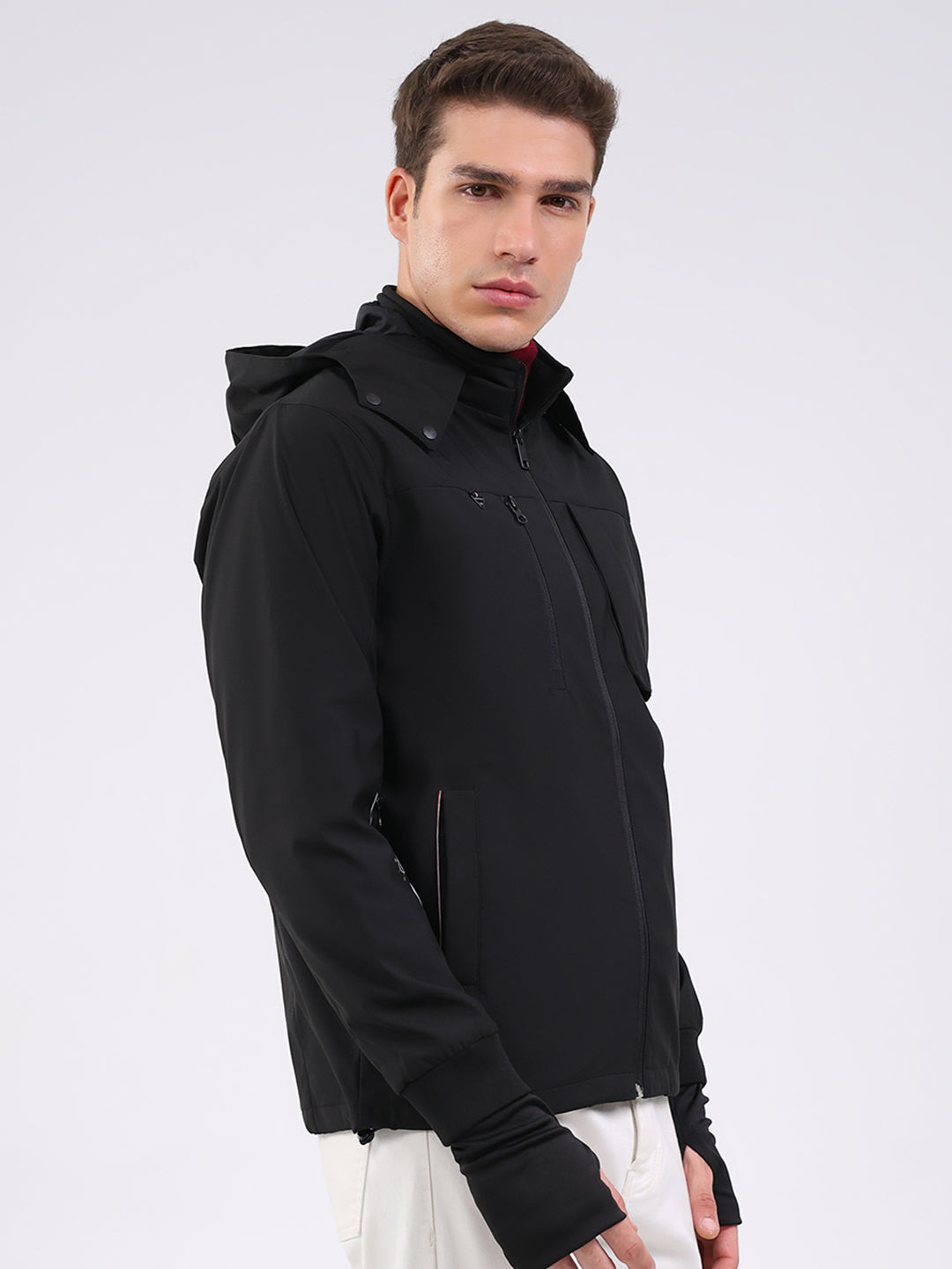 Men Black Solid Hooded Full Sleeve Jacket