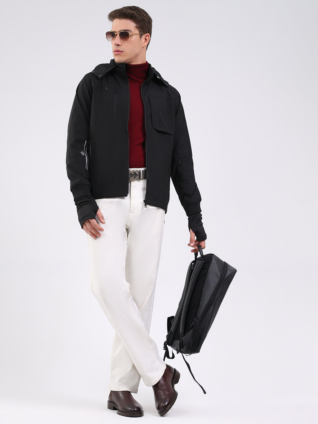 Men Black Solid Hooded Full Sleeve Jacket