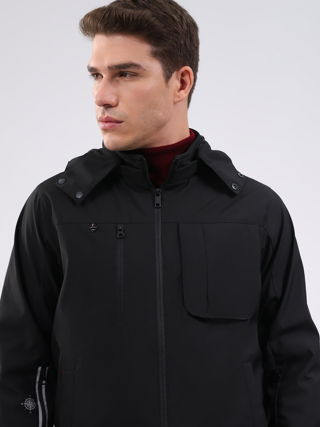 Men Black Solid Hooded Full Sleeve Jacket