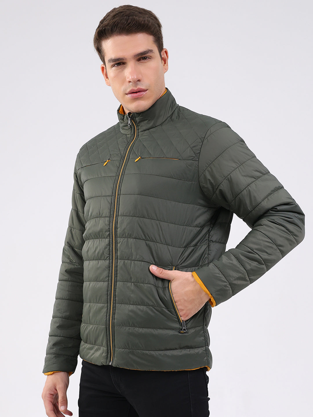 Men Olive Solid Mock Neck Full Sleeve Jacket