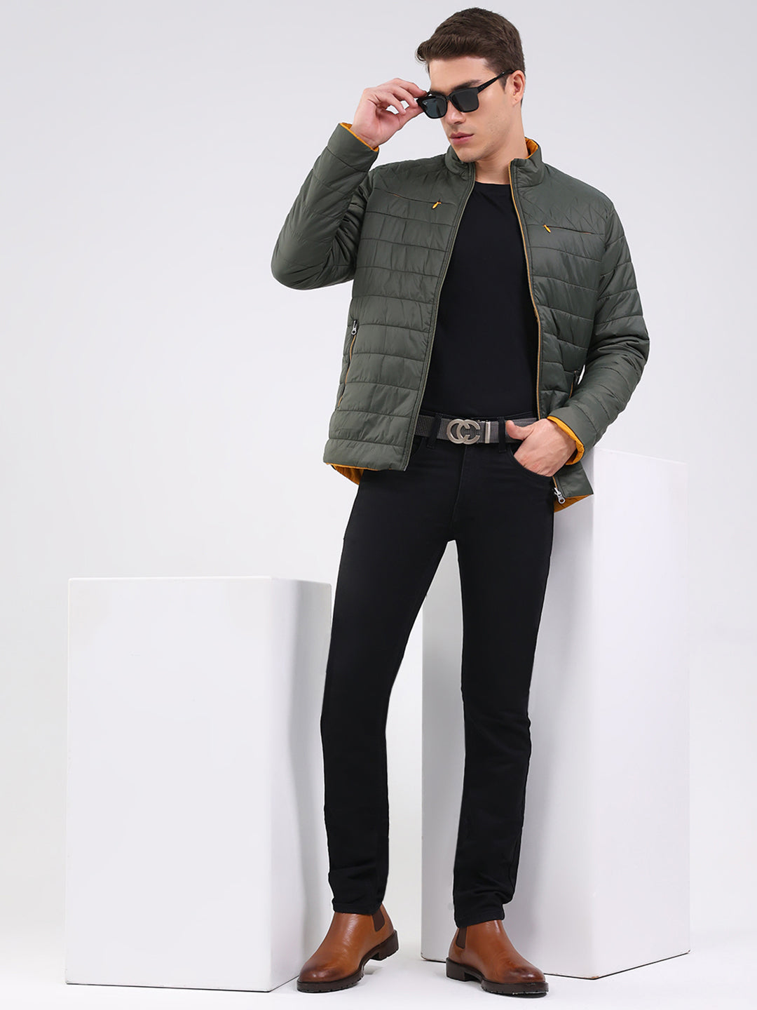 Men Olive Solid Mock Neck Full Sleeve Jacket