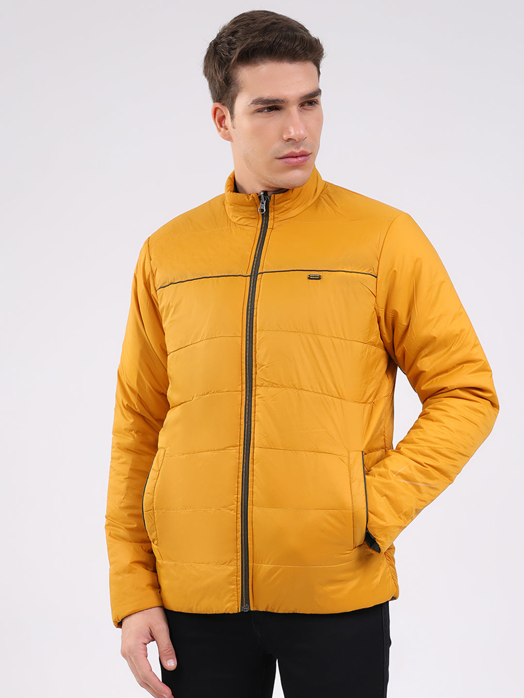 Men Olive Solid Mock Neck Full Sleeve Jacket