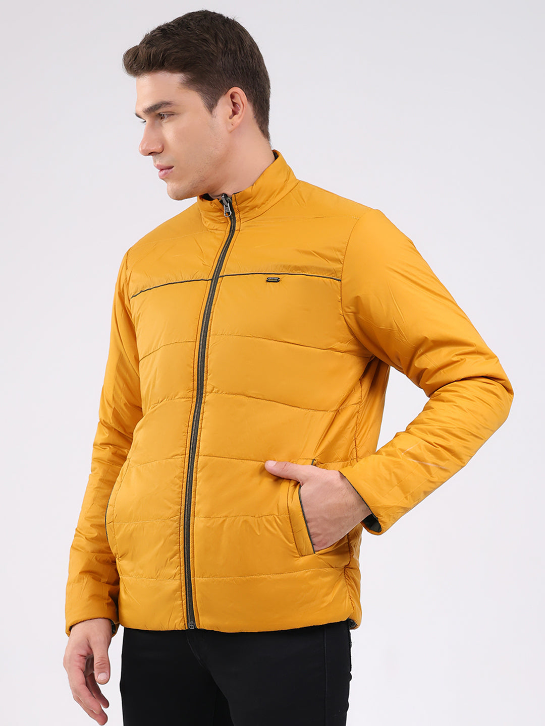 Men Olive Solid Mock Neck Full Sleeve Jacket