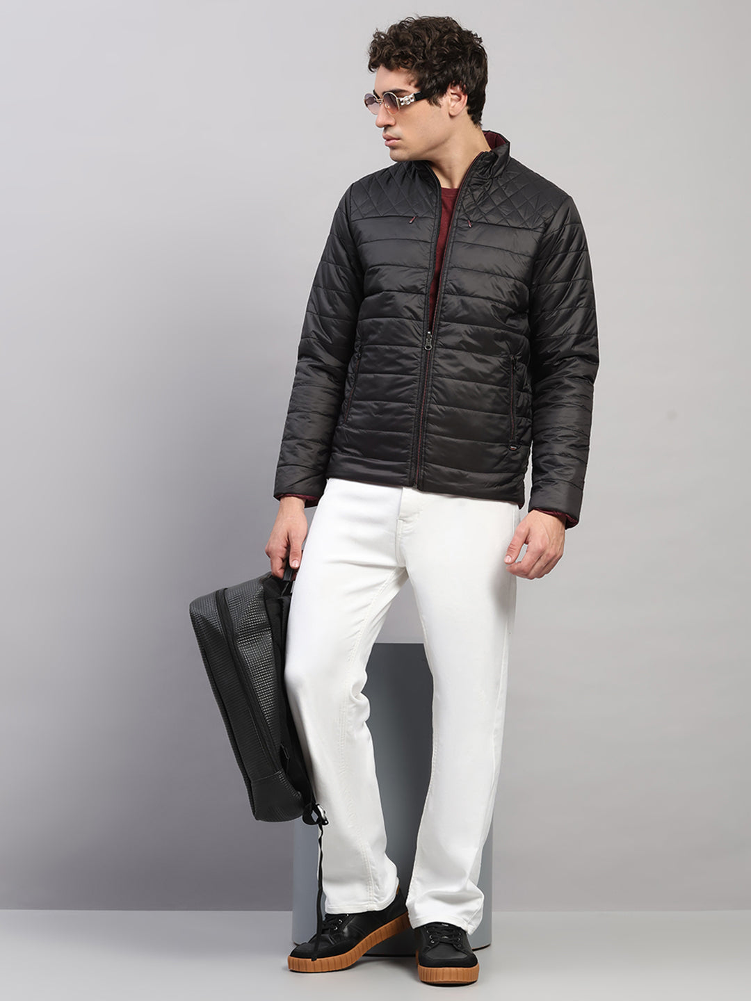 Men Black Self Design Round Neck Full Sleeve Reversible Jacket