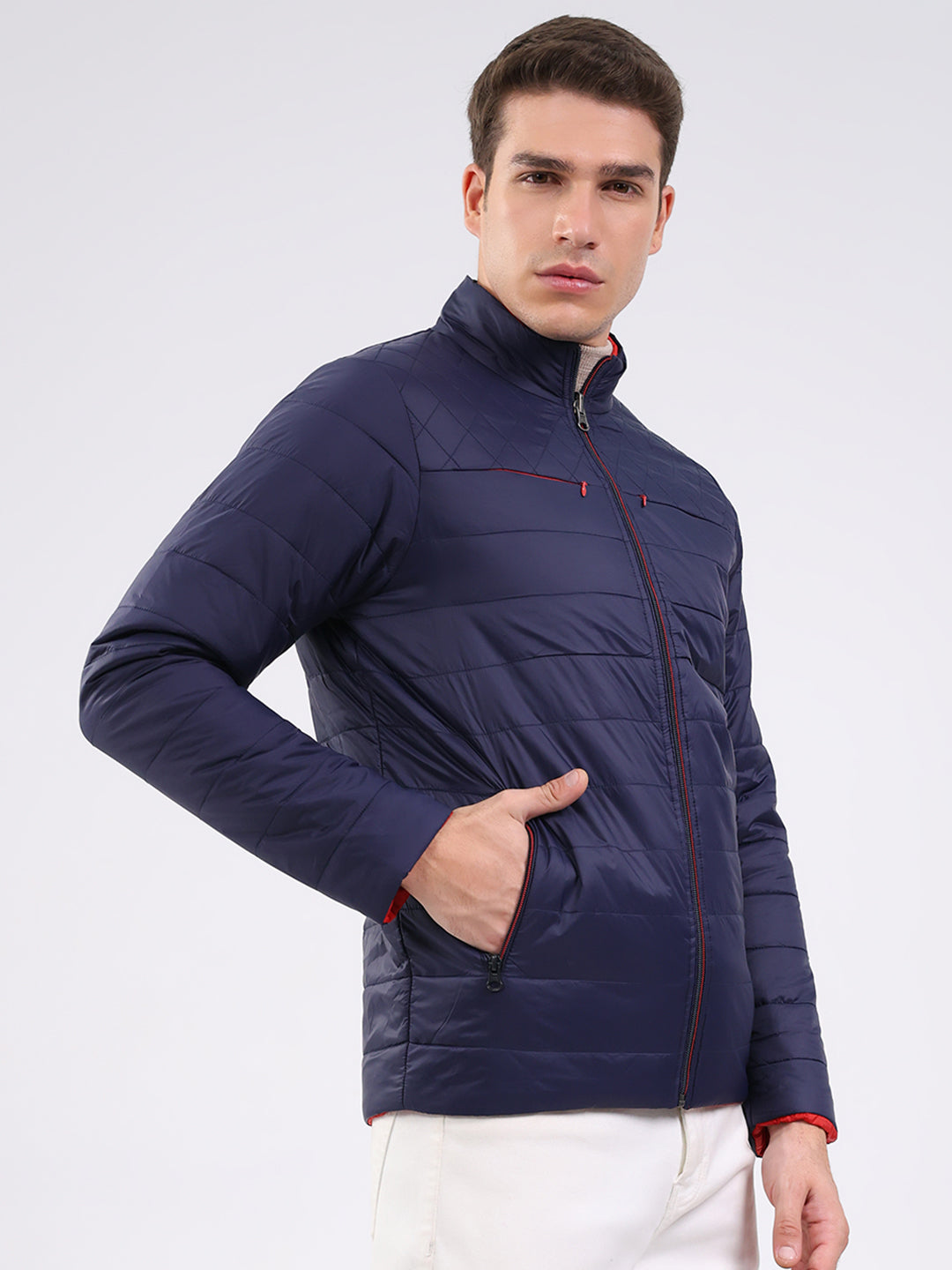 Men Navy Blue Solid Mock Neck Full Sleeve Jacket