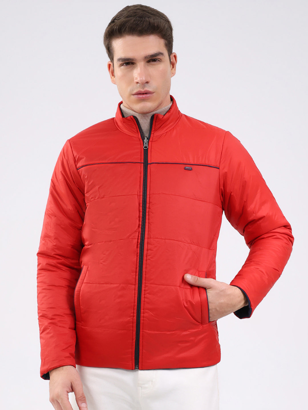 Men Navy Blue Solid Mock Neck Full Sleeve Jacket