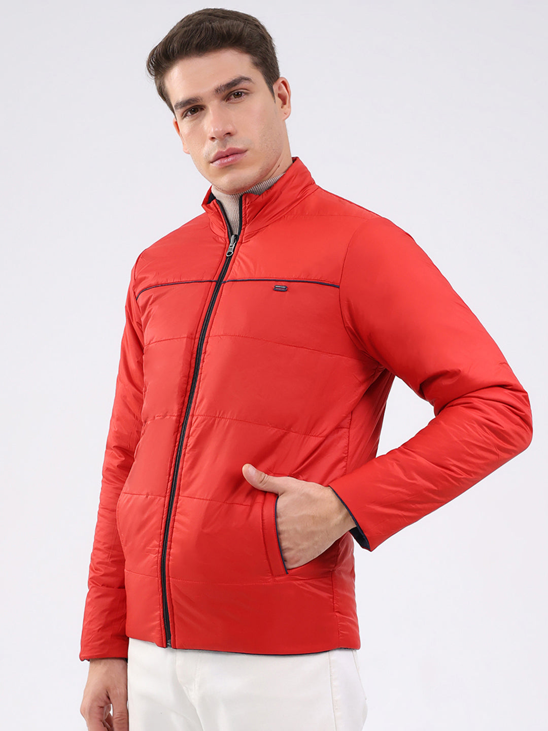 Men Navy Blue Solid Mock Neck Full Sleeve Jacket