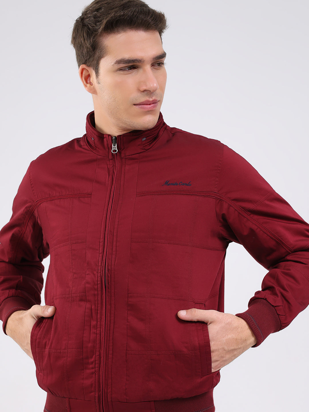 Men Maroon Solid Mock Neck Full Sleeve Jacket