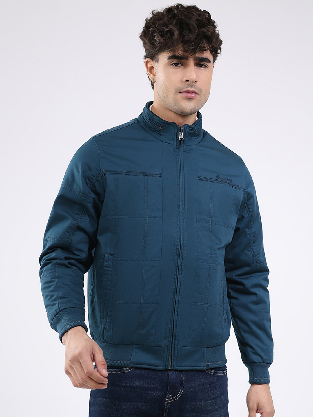 Men Teal Blue Solid Round Neck Full Sleeve Jacket