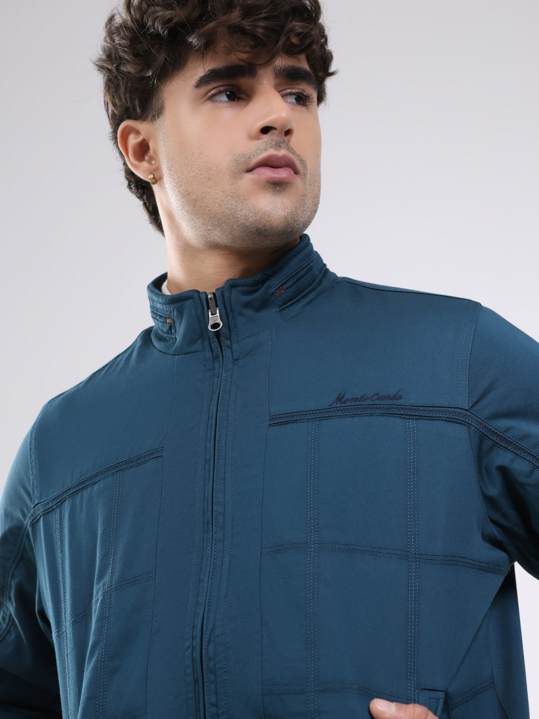 Men Teal Blue Solid Round Neck Full Sleeve Jacket