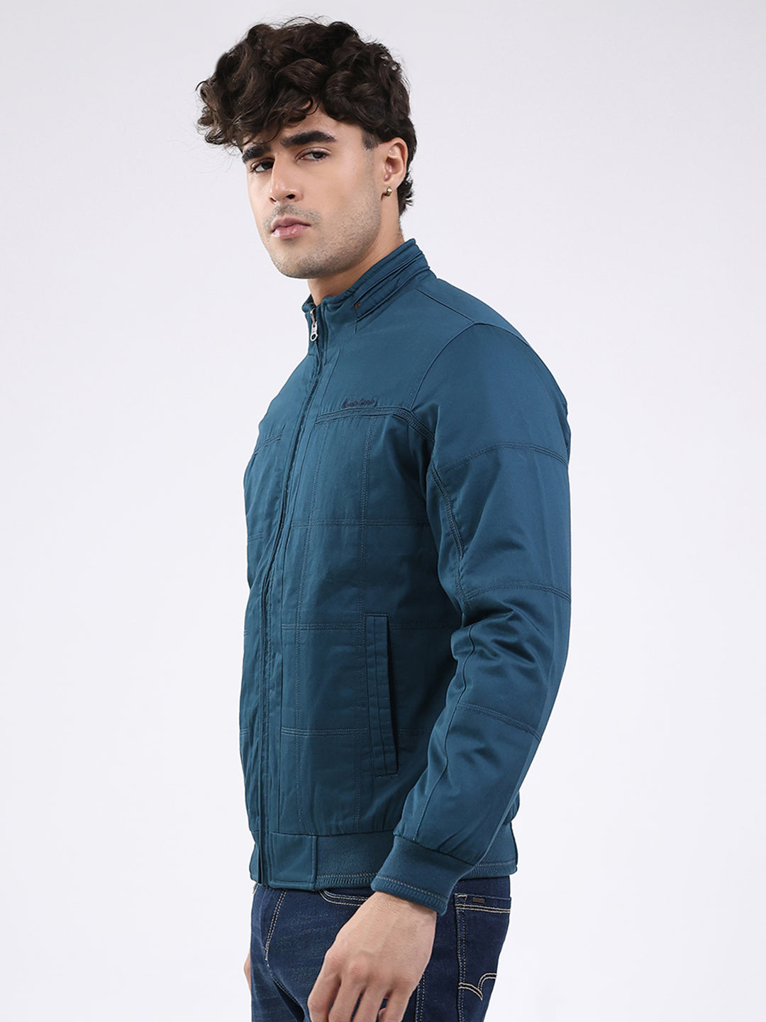 Men Teal Blue Solid Round Neck Full Sleeve Jacket