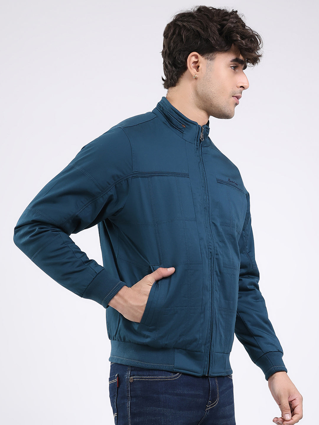 Men Teal Blue Solid Round Neck Full Sleeve Jacket