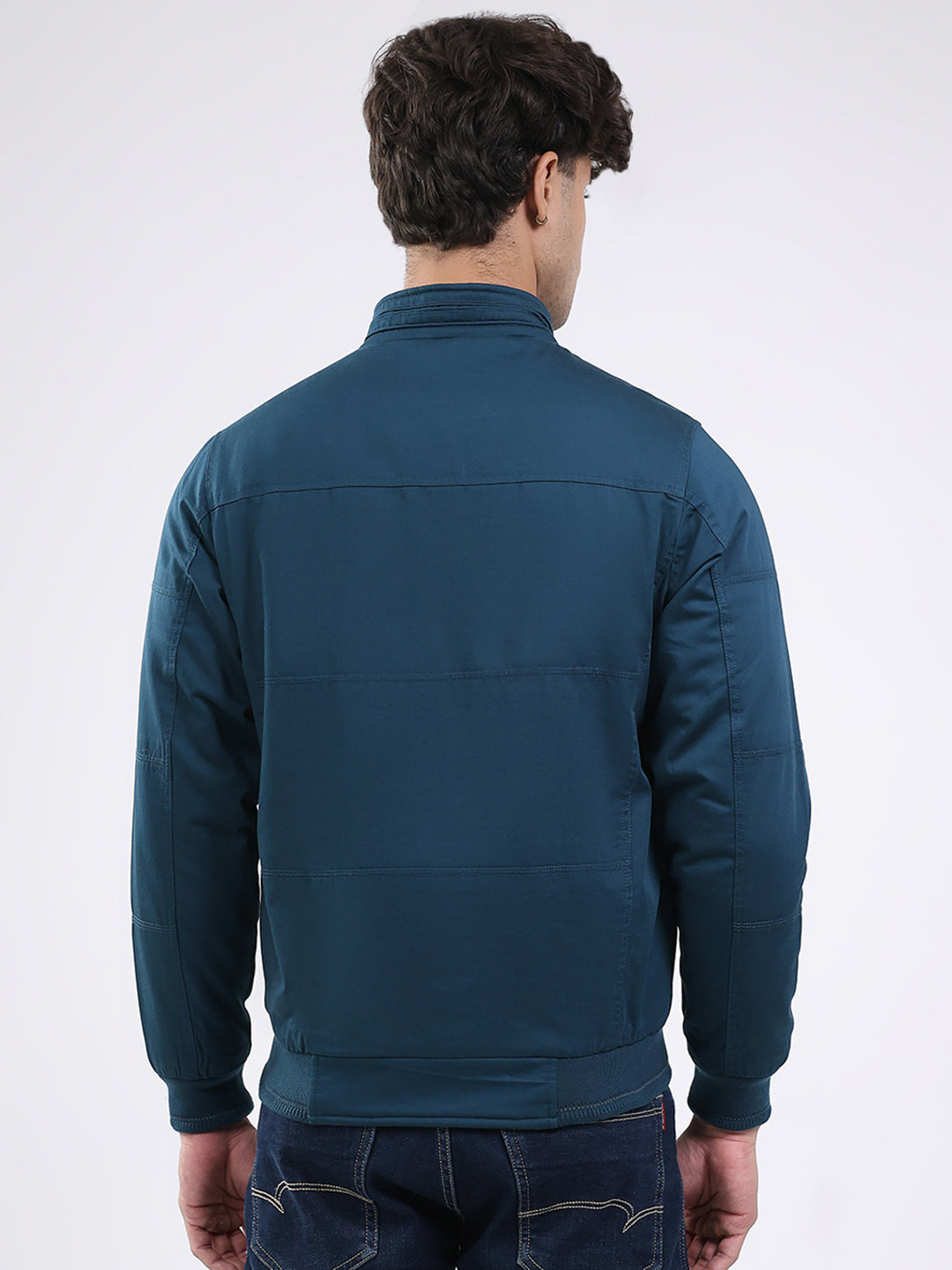 Men Teal Blue Solid Round Neck Full Sleeve Jacket