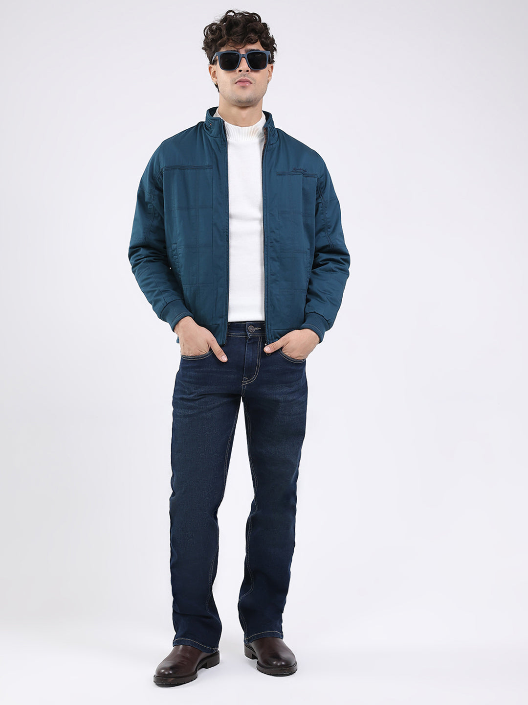 Men Teal Blue Solid Round Neck Full Sleeve Jacket