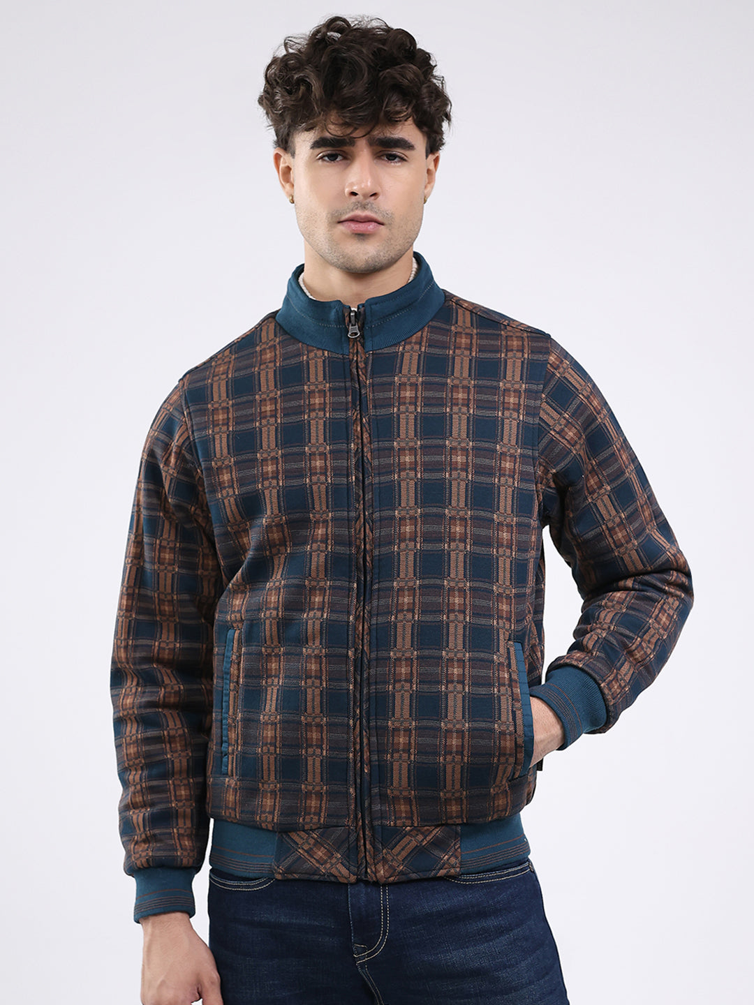 Men Teal Blue Solid Round Neck Full Sleeve Jacket