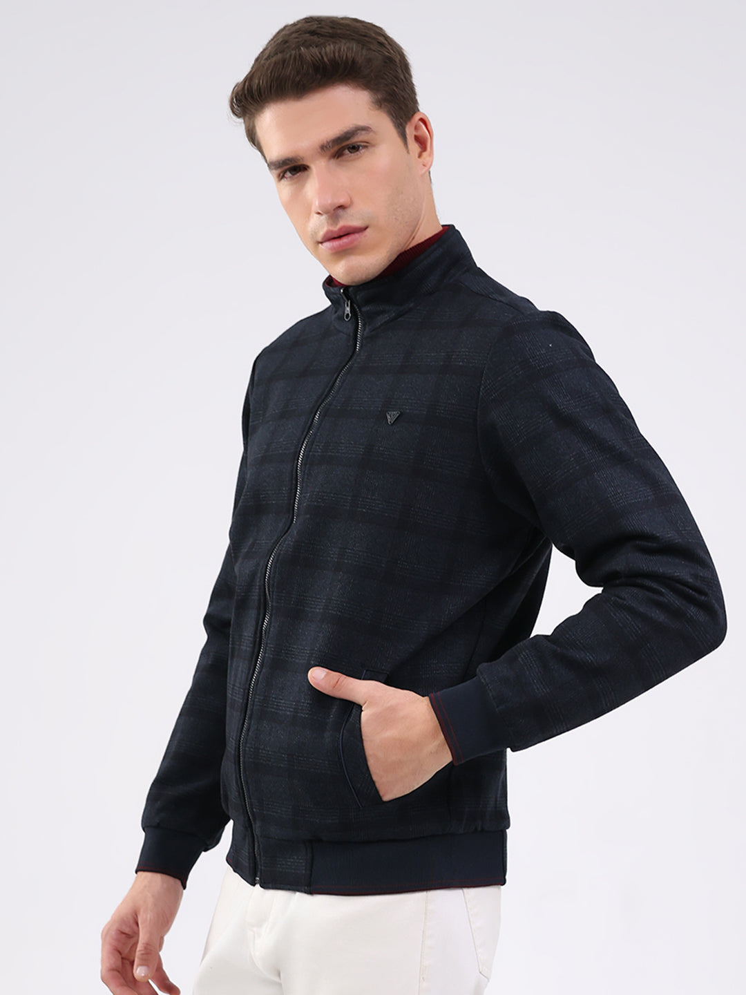 Men Navy Blue Solid Mock Neck Full Sleeve Jacket