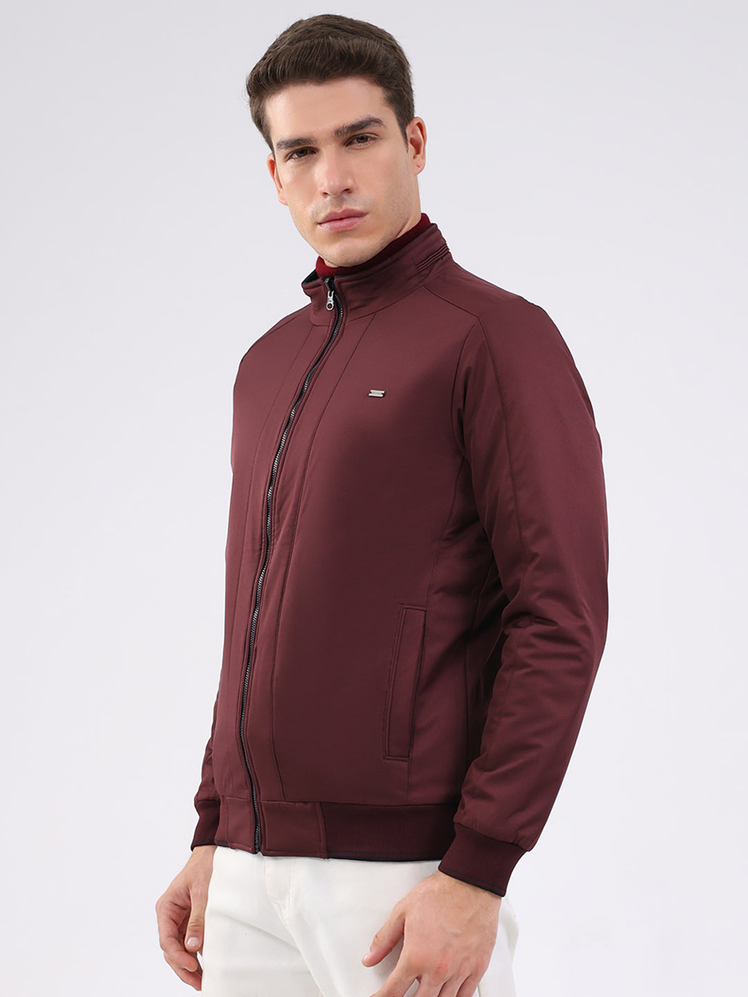 Men Navy Blue Solid Mock Neck Full Sleeve Jacket